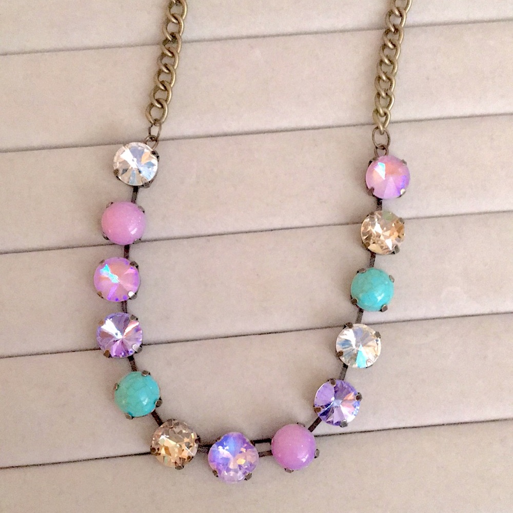 Turquoise, Lilac Purple Opal AB + Champagne Topaz Antique Brass Crystal Necklace - Picture 13 of 14